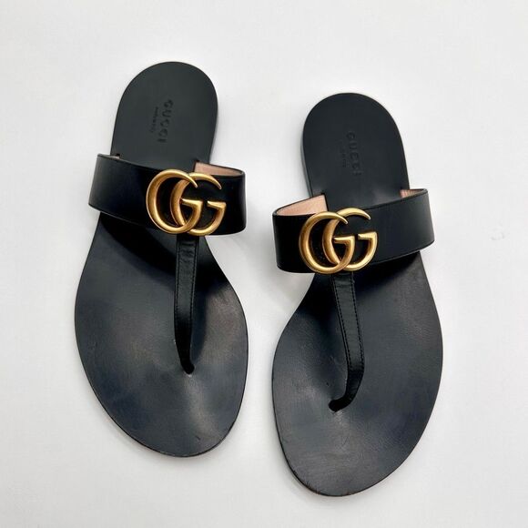 Gucci Black Leather Sandals with Gold Accent - Picture 11 of 12